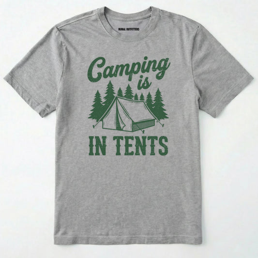 Sport Grey t-shirt with Military Green camping graphic and text on a white background