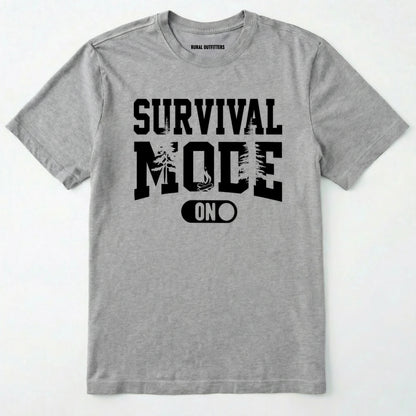 Sport Grey survival mode shirt with camping-themed graphic and rugged text on a white background.