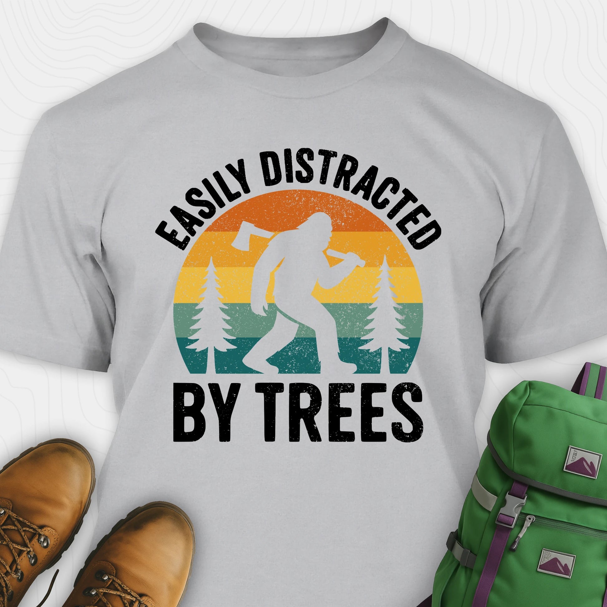 Grey funny sasquatch shirt featuring bigfoot silhouette and trees
