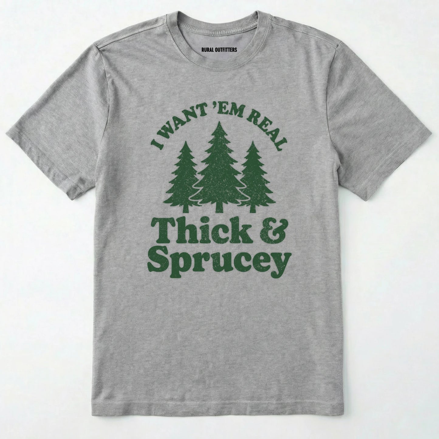 Sport Grey t-shirt with Military Green text and tree graphics on a white background