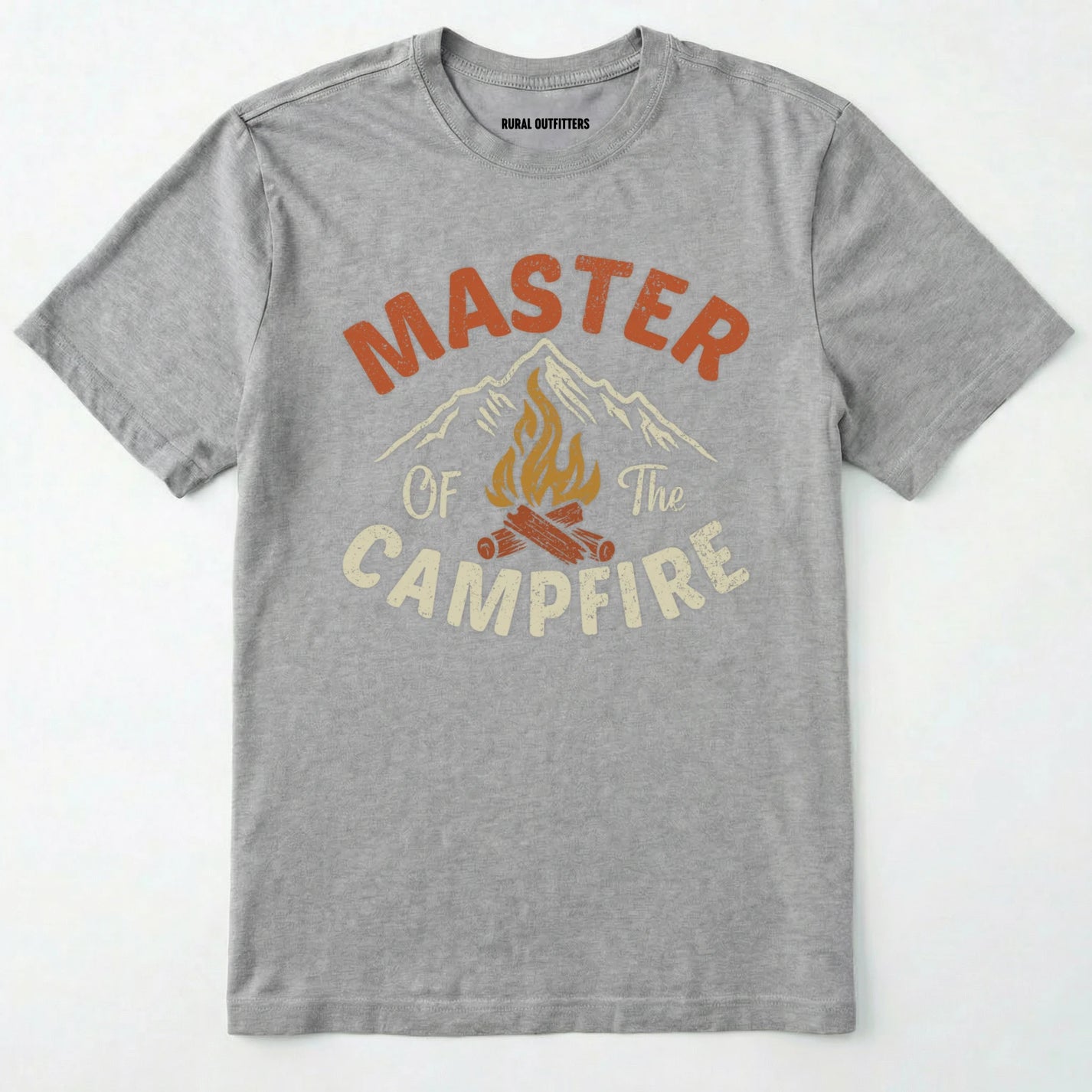 Sport Grey fire starter shirt with retro campfire and mountain graphic, featuring "master of the campfire" text on a white background.