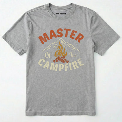 Sport Grey fire starter shirt with retro campfire and mountain graphic, featuring "master of the campfire" text on a white background.