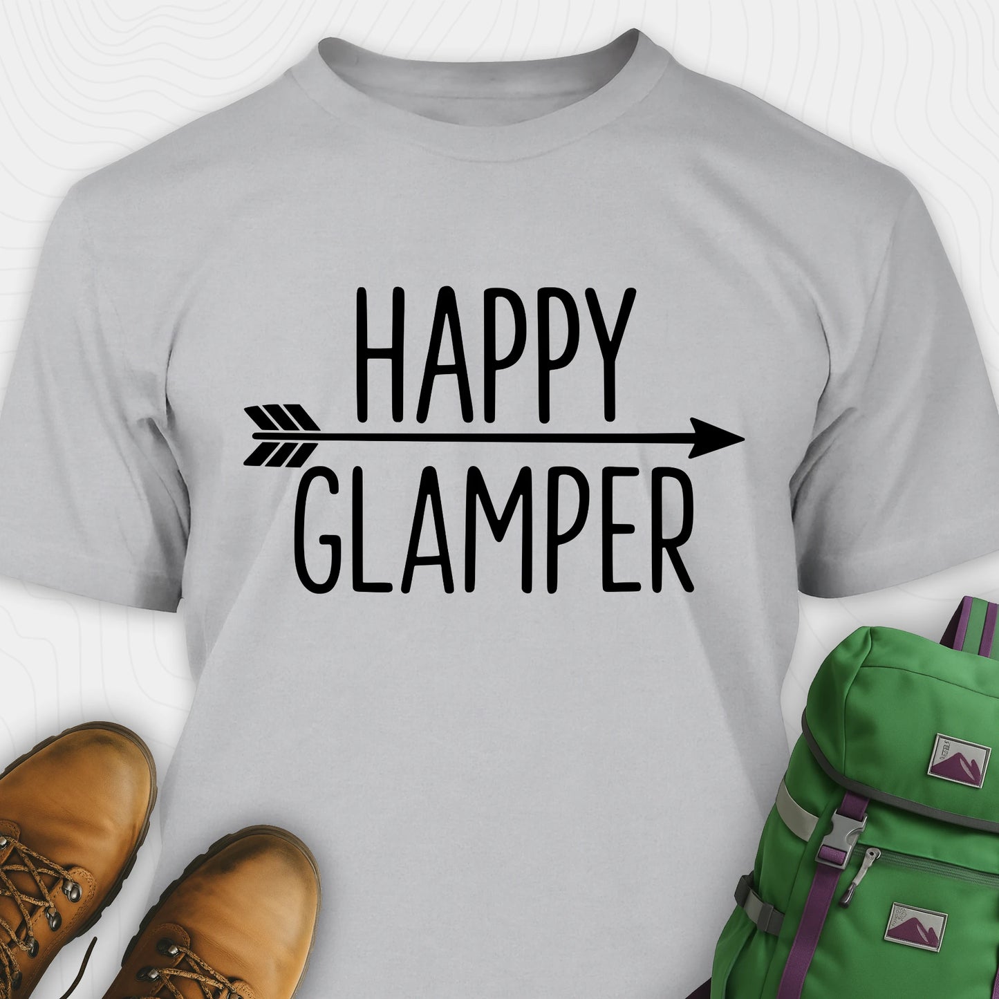 Gray happy glamper shirt with arrow graphic