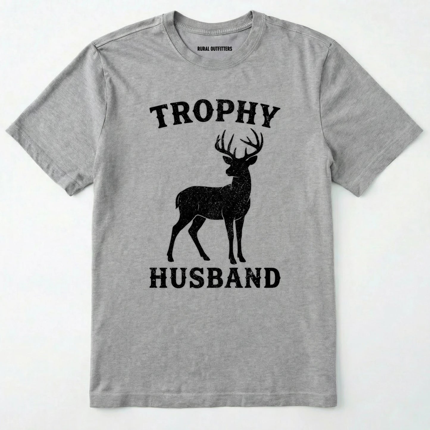 Sport Grey t-shirt with a black deer graphic and 'trophy husband' text on a white background