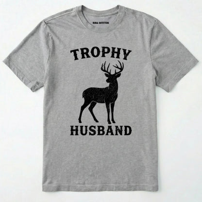 Sport Grey t-shirt with a black deer graphic and 'trophy husband' text on a white background