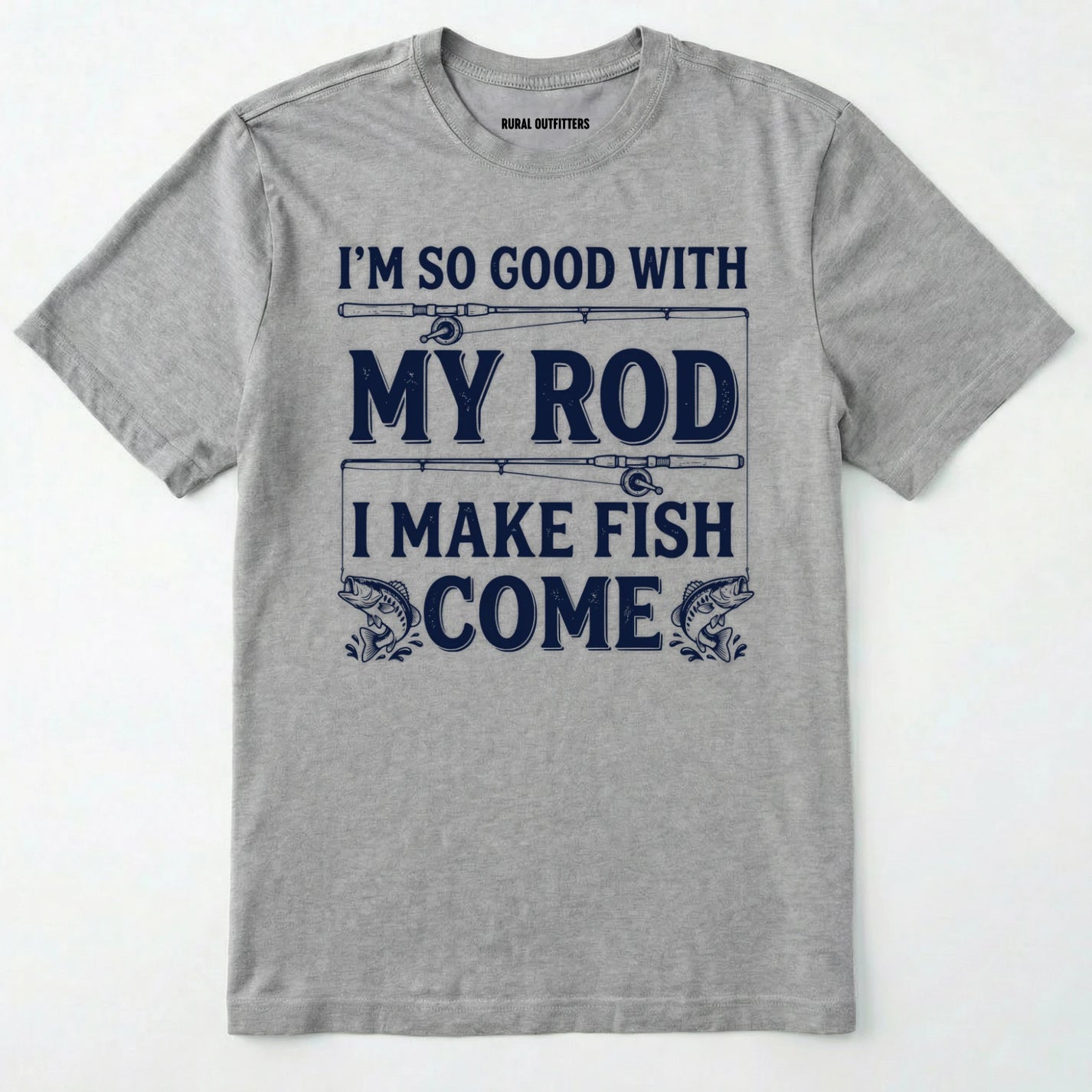 Sport Grey t-shirt with fishing-themed text and graphics on a white background