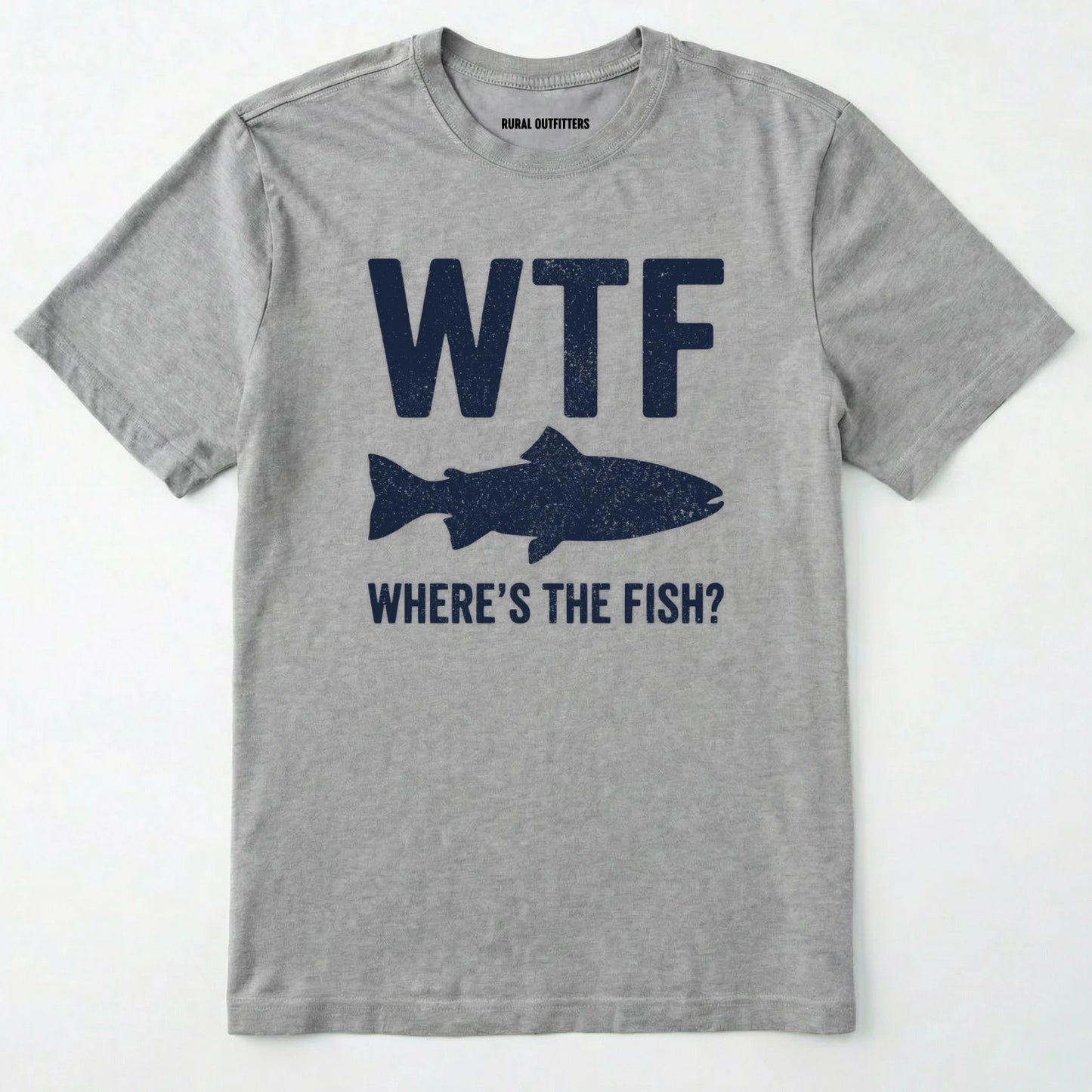 Sport Grey t-shirt with 'wtf where's the fish?' text and fish graphic on a white background