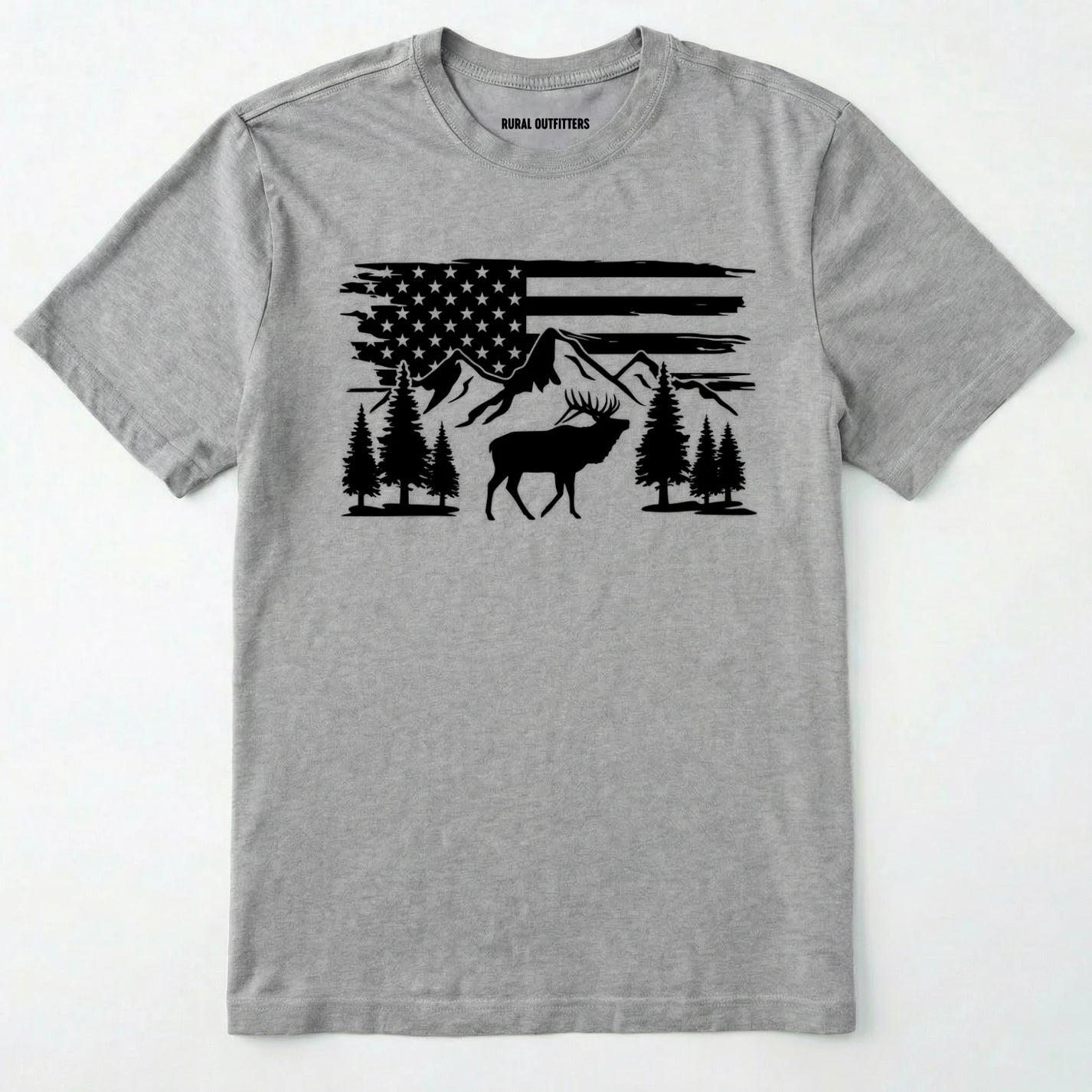 Sport Grey deer t-shirt with black graphic design of an american flag, trees, and a elk graphic.