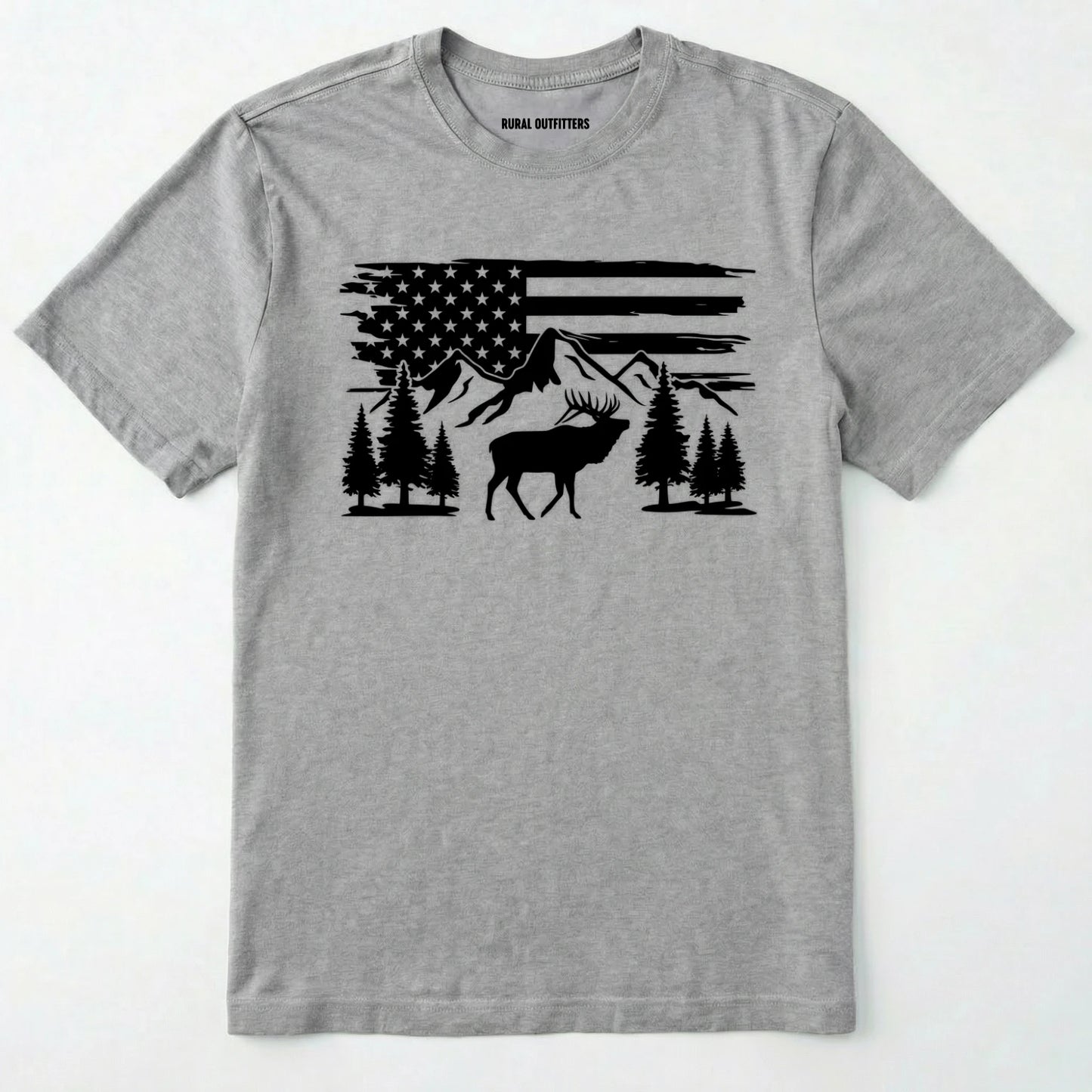 Sport Grey deer t-shirt with black graphic design of an american flag, trees, and a elk graphic.