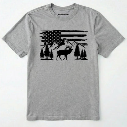 Sport Grey deer t-shirt with black graphic design of an american flag, trees, and a elk graphic.