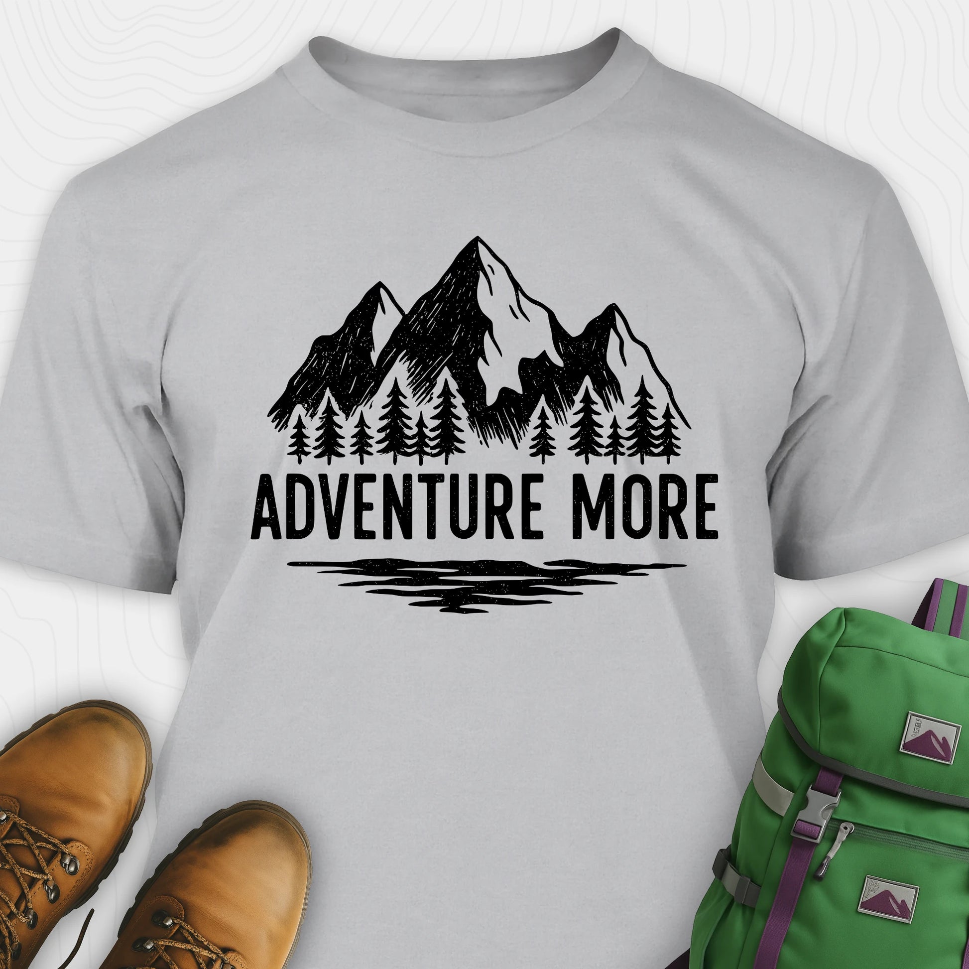 Grey adventure t-shirt with black mountain and tree graphic on a soft cotton tee