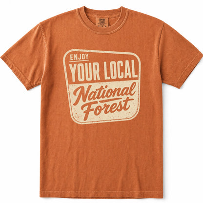 Yam crewneck t-shirt with a distressed cream graphic on the front that reads 'ENJOY YOUR LOCAL National Forest'.
