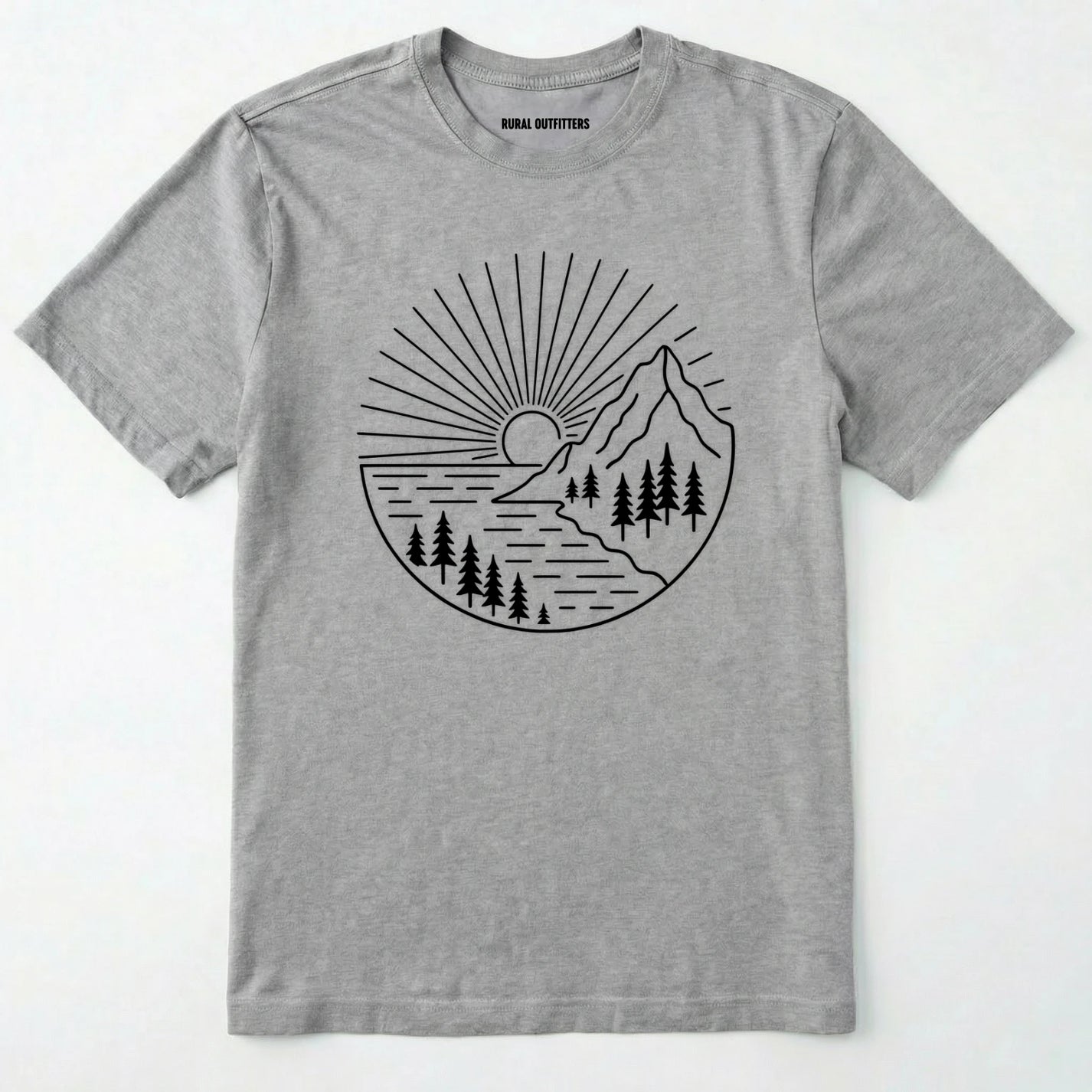 Sport Grey mountain t-shirt with a white line-art design of mountains, trees, and a sunrise on a white background.