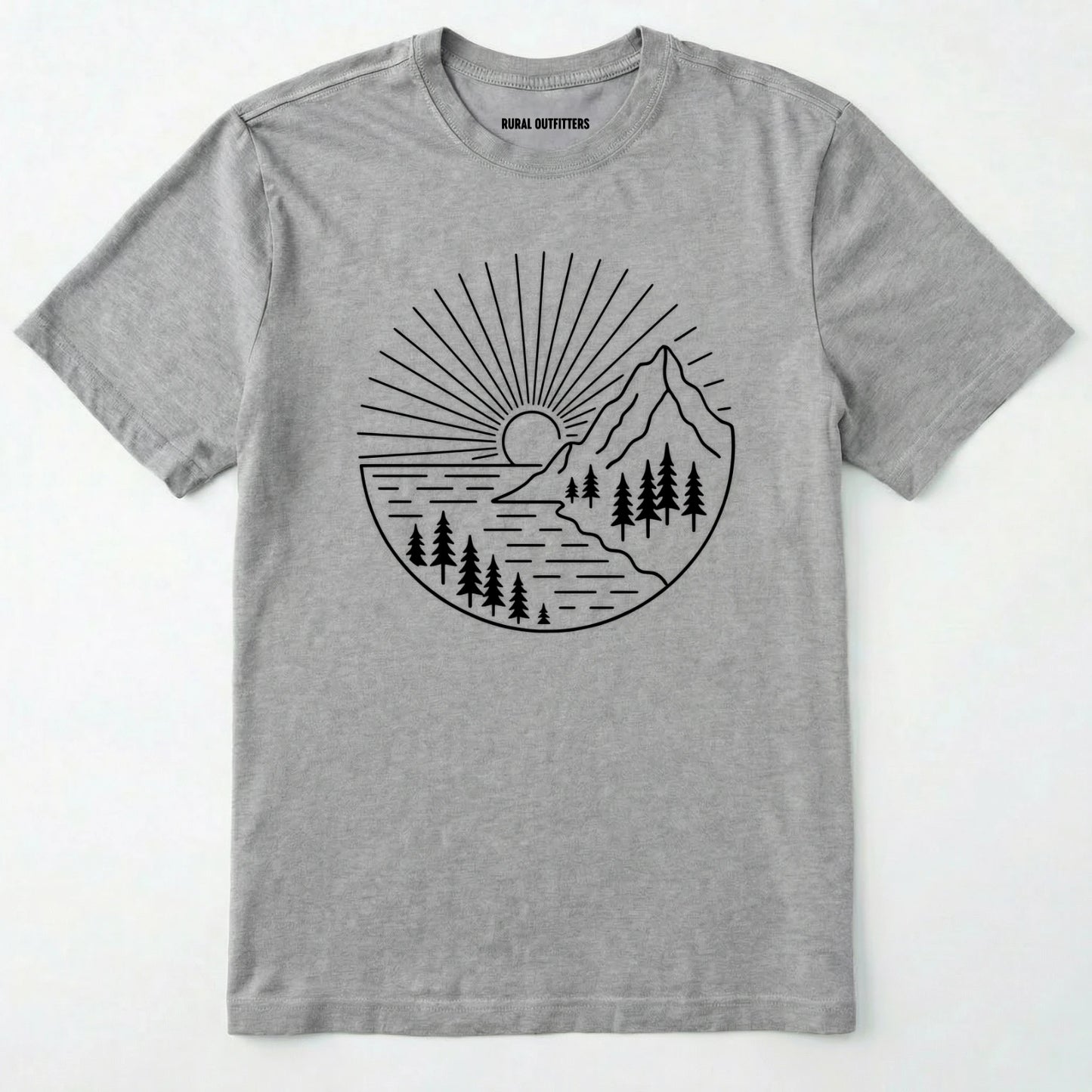 Sport Grey mountain t-shirt with a white line-art design of mountains, trees, and a sunrise on a white background.