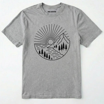 Sport Grey mountain t-shirt with a white line-art design of mountains, trees, and a sunrise on a white background.