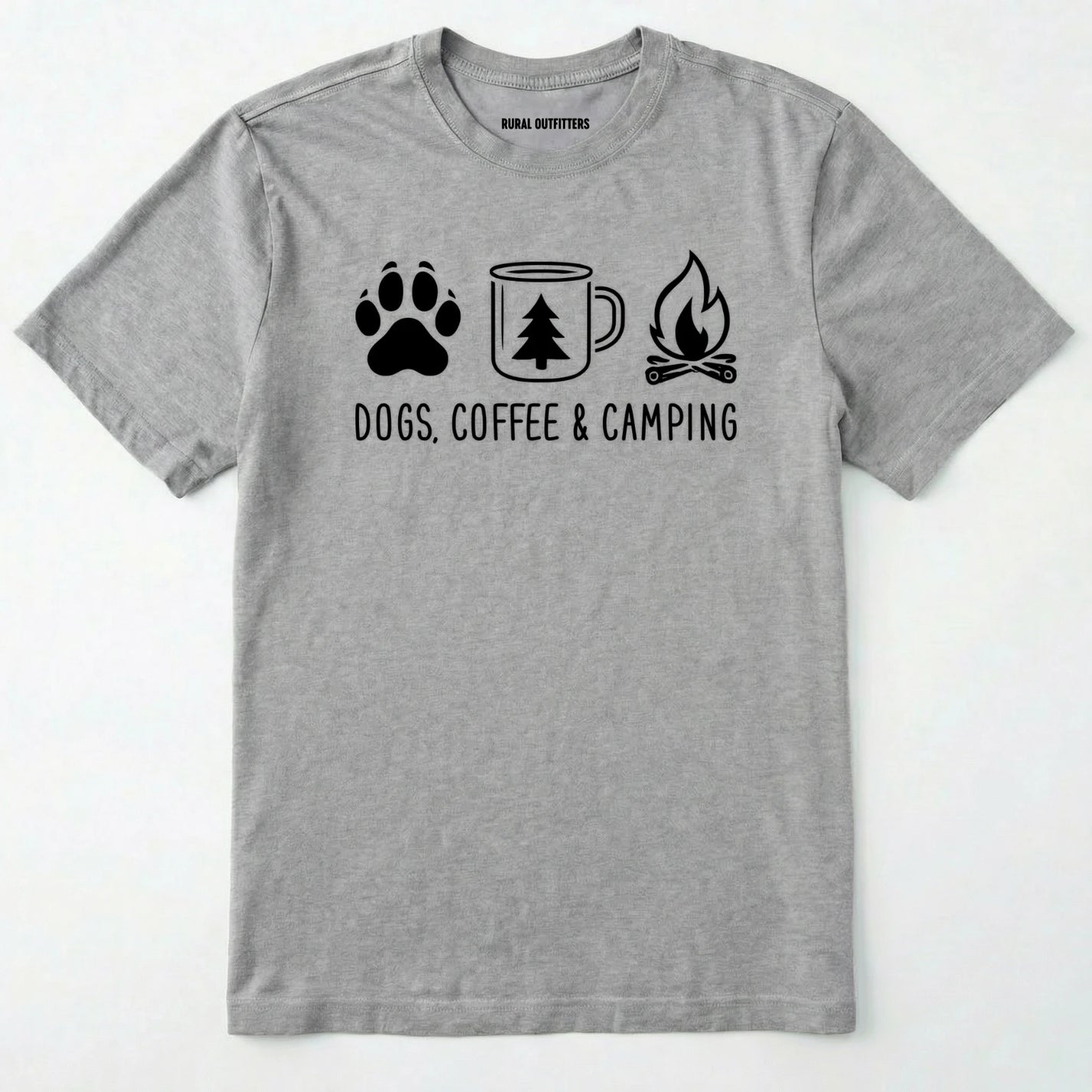 Sport Grey camping dog shirt with paw print, coffee mug and campfire design on a white background.