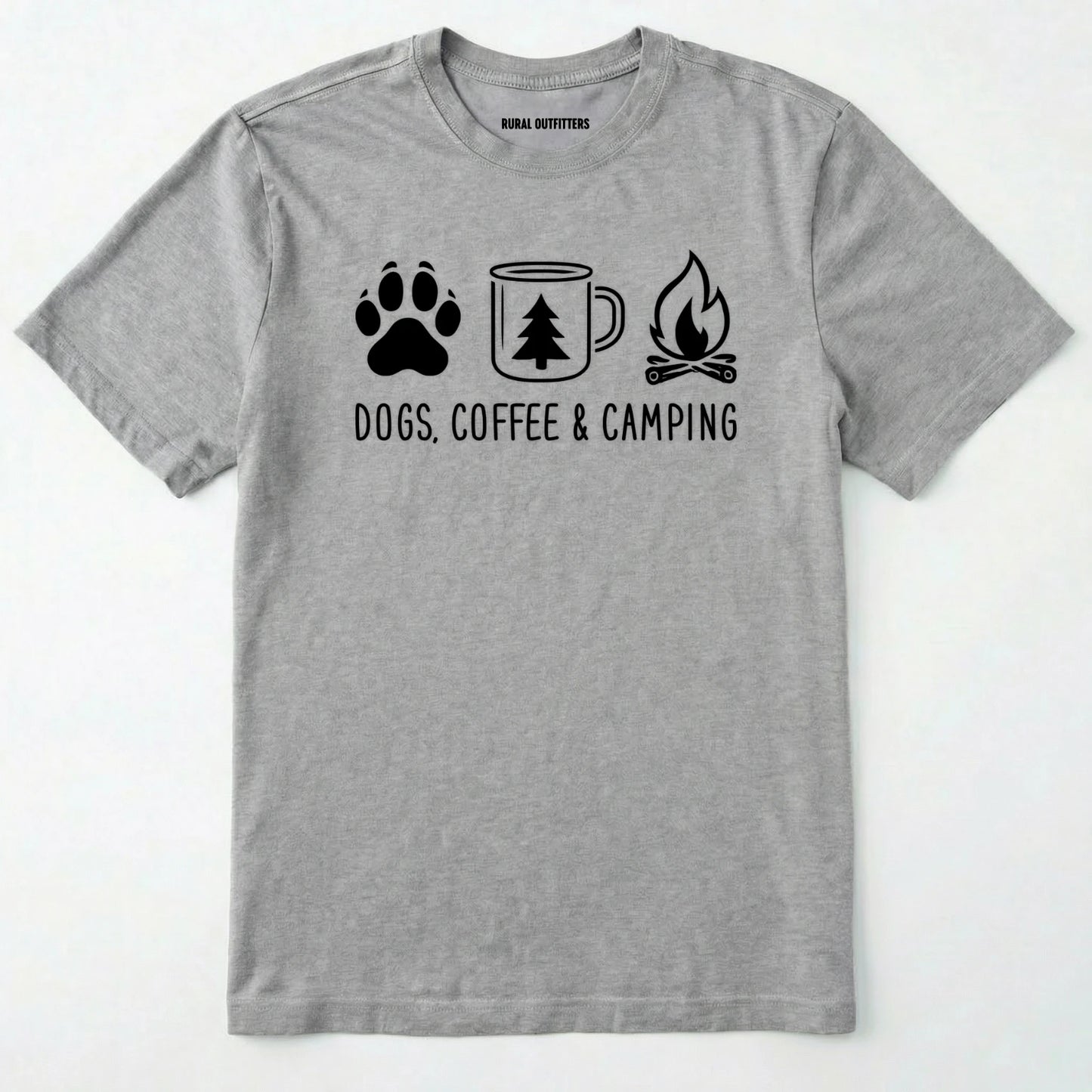 Sport Grey camping dog shirt with paw print, coffee mug and campfire design on a white background.