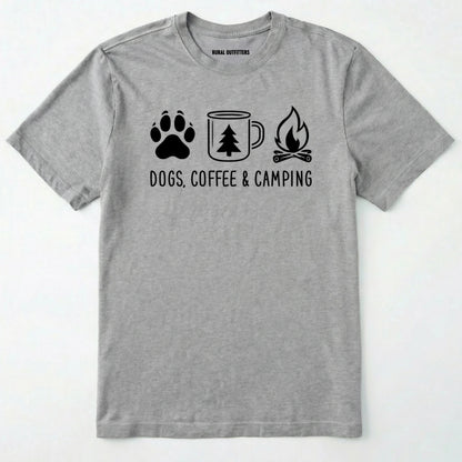 Sport Grey camping dog shirt with paw print, coffee mug and campfire design on a white background.