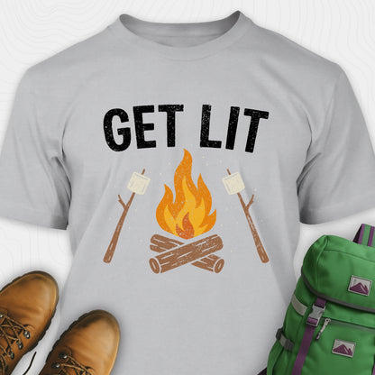 Gray let’s get lit shirt with campfire and marshmallows graphic