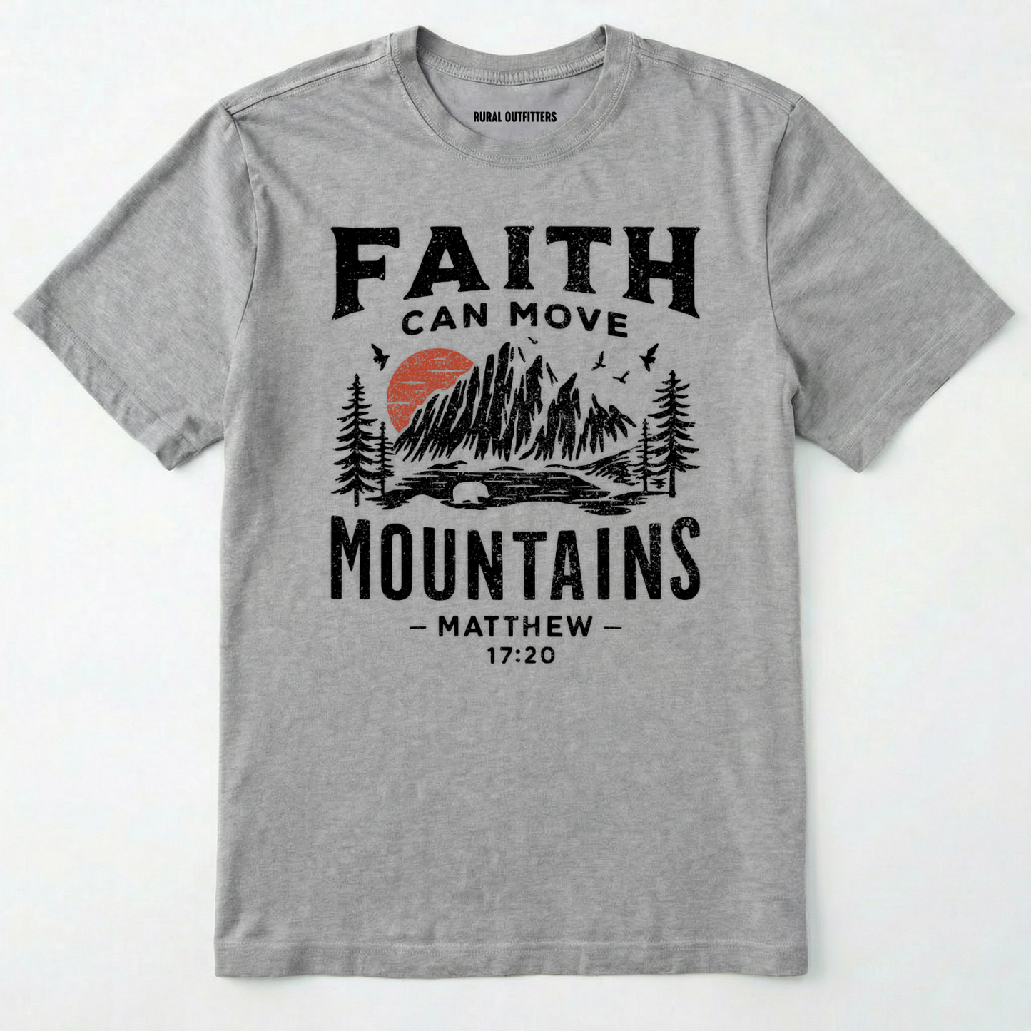 Sport Grey bible verse t-shirt with 'faith can move mountains' text with outdoor graphic design on a white background.