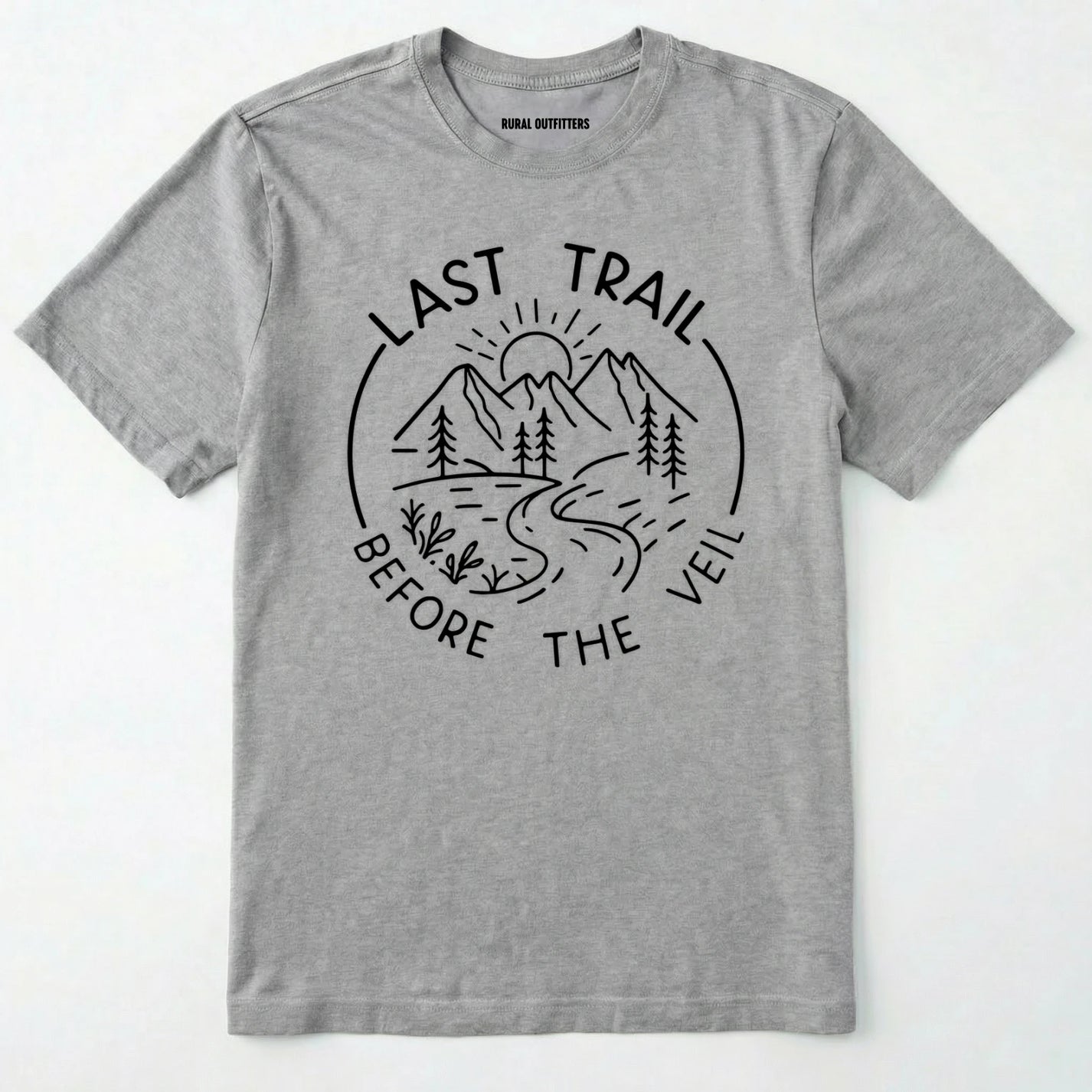 Sport Grey nature-themed last trail before the veil shirt with line-art mountain scene on a white background.