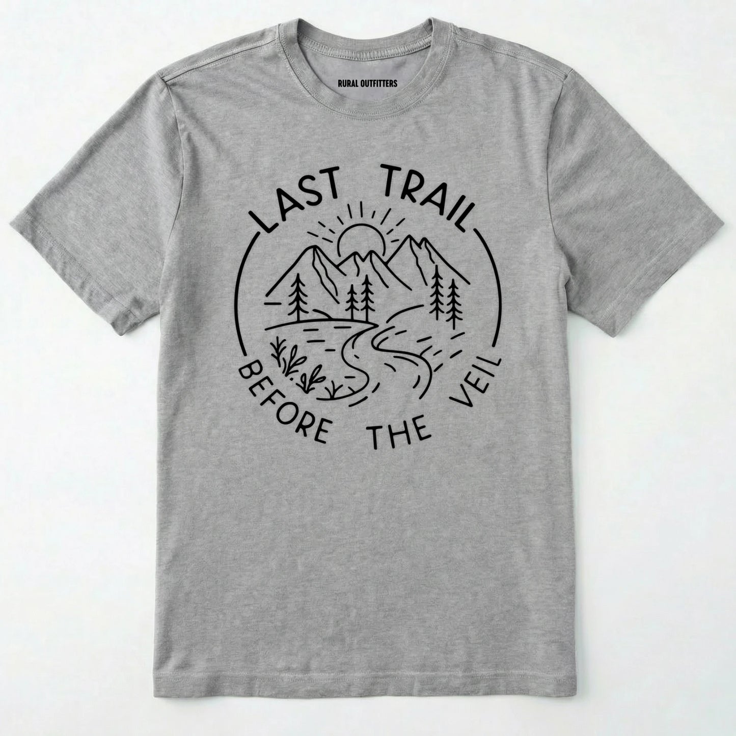Sport Grey nature-themed last trail before the veil shirt with line-art mountain scene on a white background.