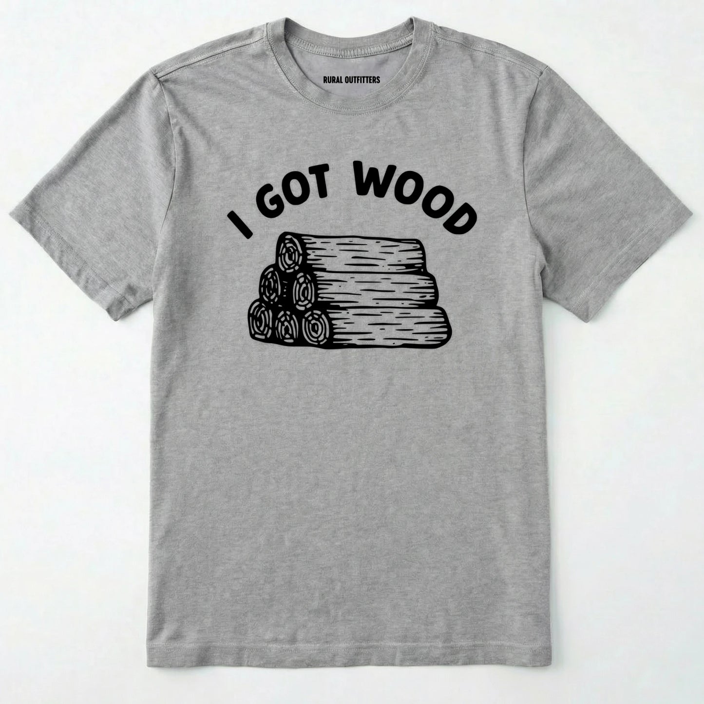 Sport Grey i got wood shirt with stacked firewood graphic on a white background.