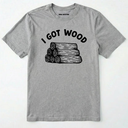 Sport Grey i got wood shirt with stacked firewood graphic on a white background.