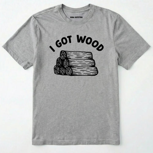 Sport Grey I got wood shirt with stacked firewood graphic on a white background.