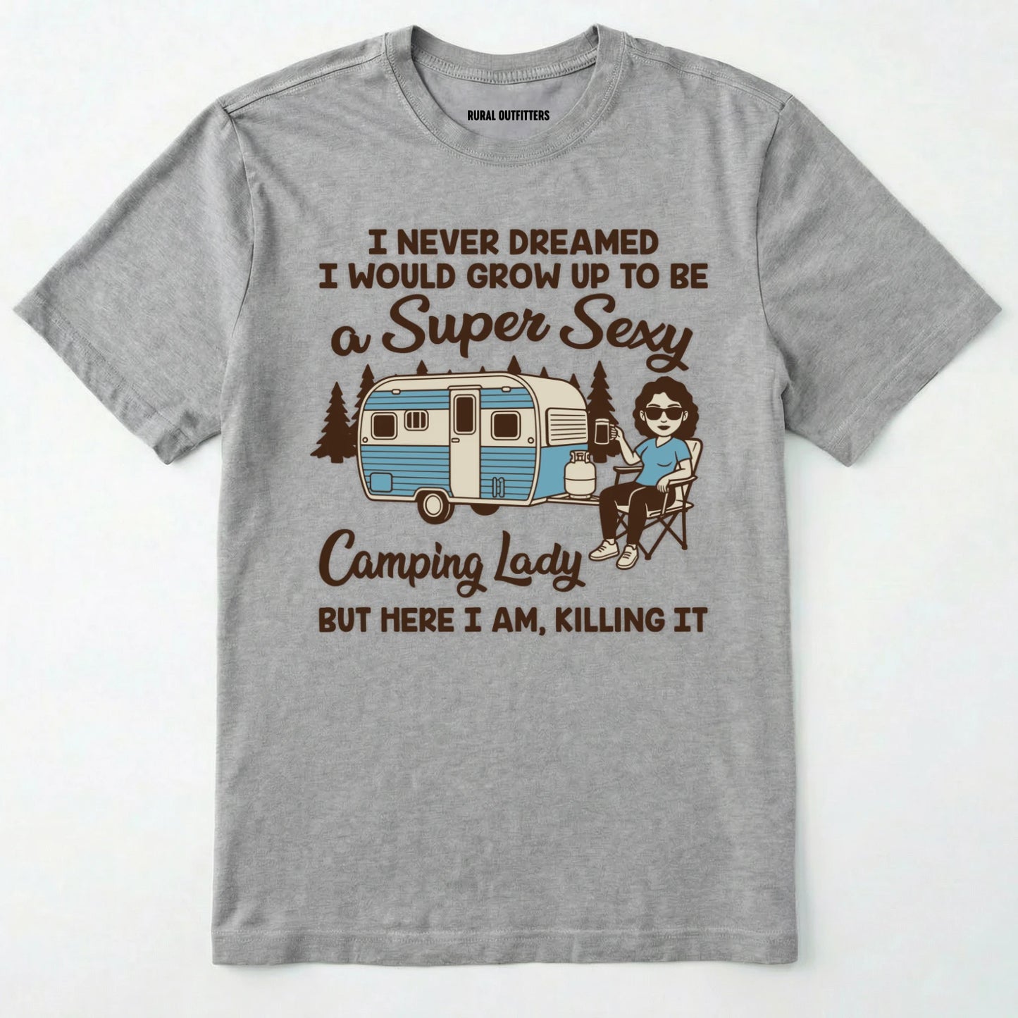 Sport Grey t-shirt with a graphic and text about camping on a white background