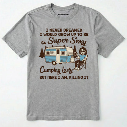 Sport Grey t-shirt with a graphic and text about camping on a white background