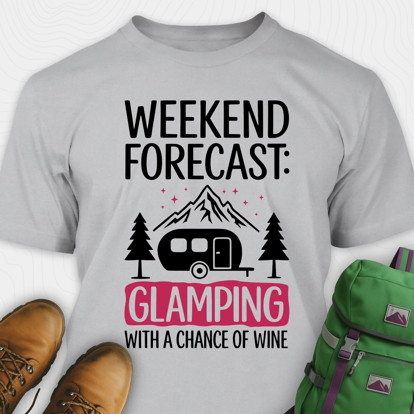 Grey glamping shirt with camping trailer and forest illustration