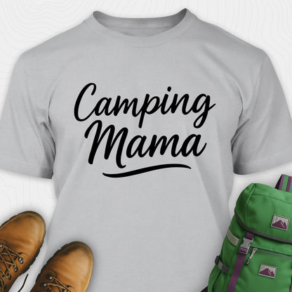 Gray camping mama shirt with script design