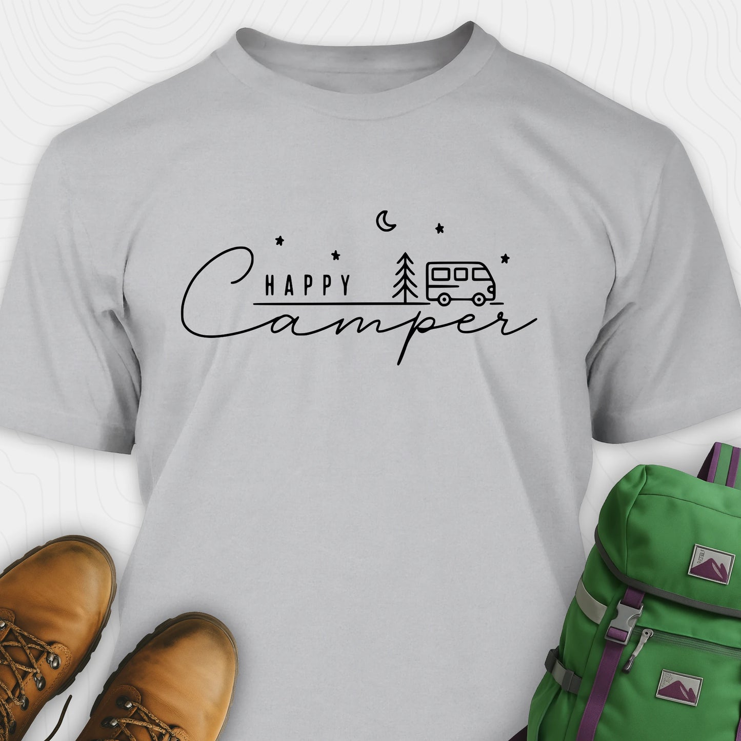 Gray happy camper tee with minimalist camper and night sky design