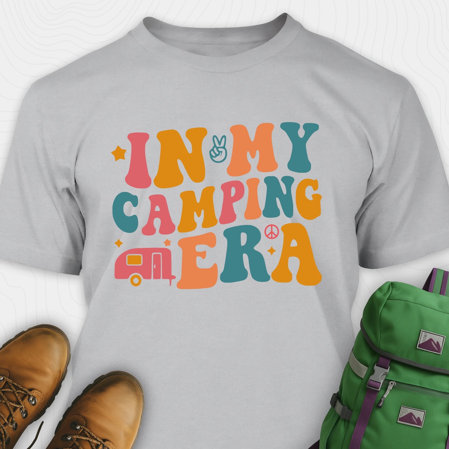 Gray cute camping shirt with colorful retro “in my camping era” graphic