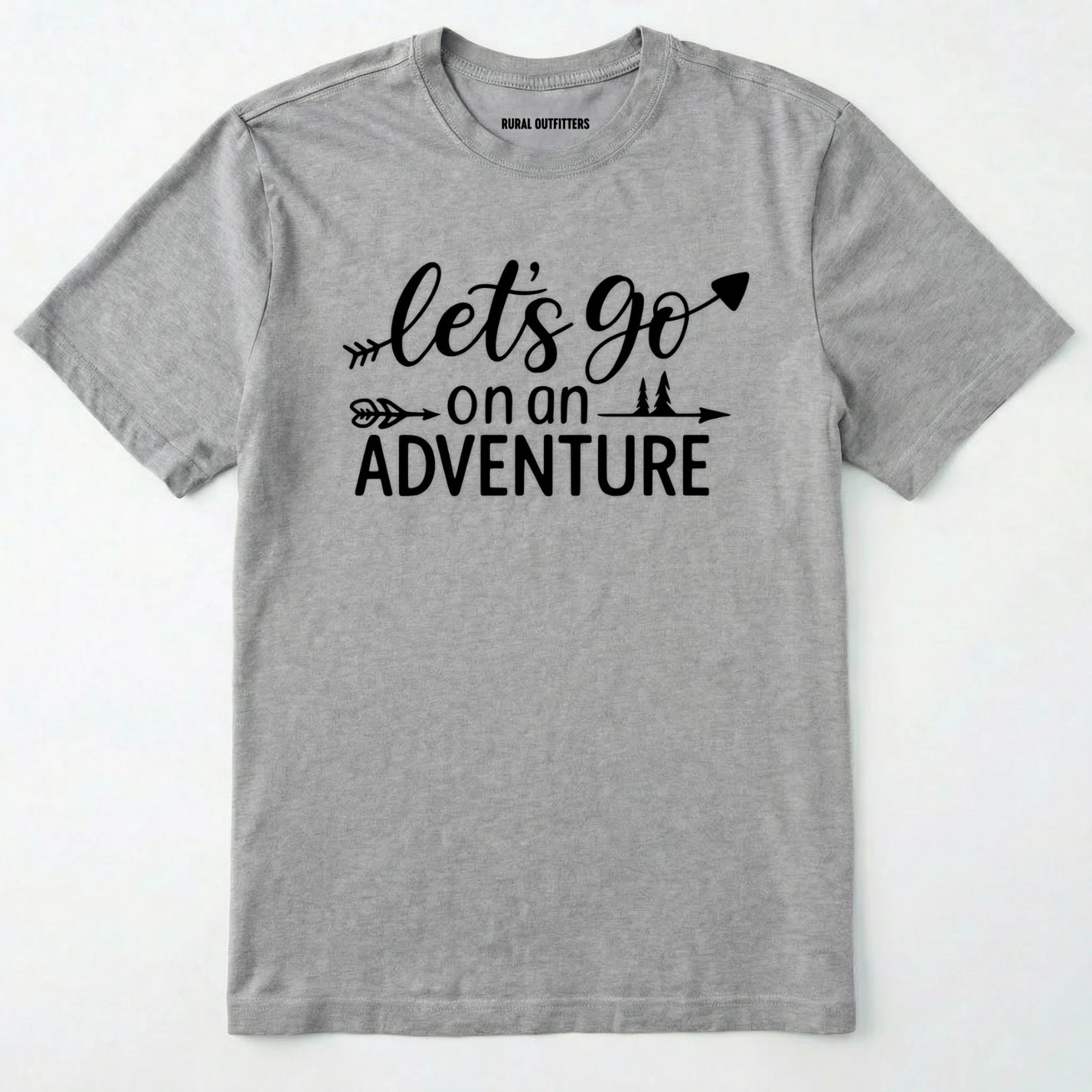 Sport Grey lets go on an adventure shirt with an arrow and trees graphic on a light grey background.