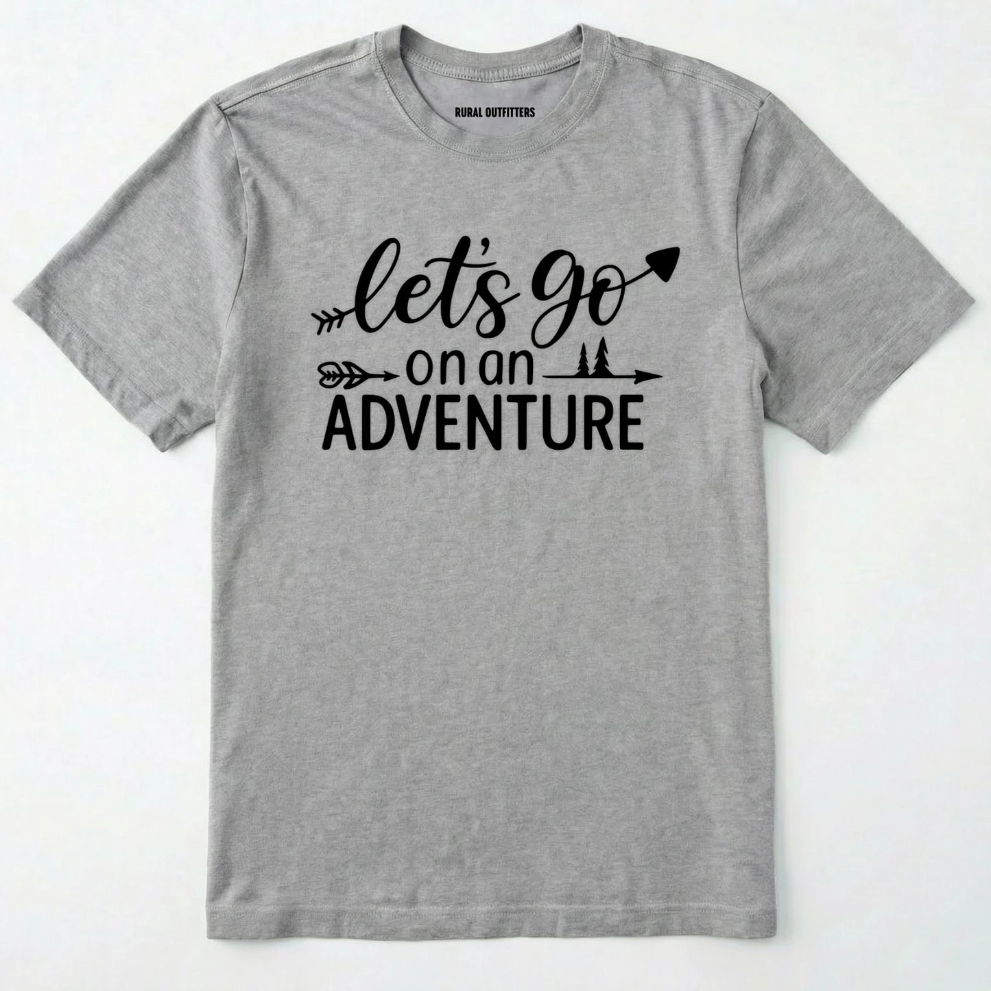 Sport Grey lets go on an adventure shirt with an arrow and trees graphic on a light grey background.