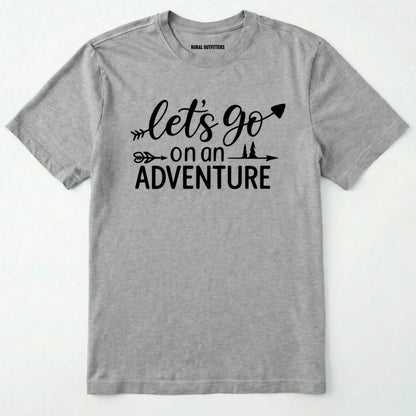 Sport Grey lets go on an adventure shirt with an arrow and trees graphic on a light grey background.