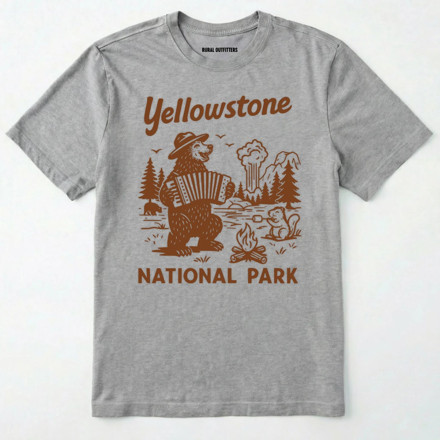 Sport Grey yellowstone national park t-shirt with a brown bear playing an accordion graphic.