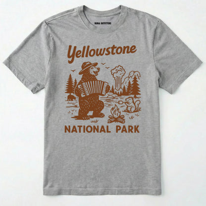 Sport Grey yellowstone national park t-shirt with a brown bear playing an accordion graphic.