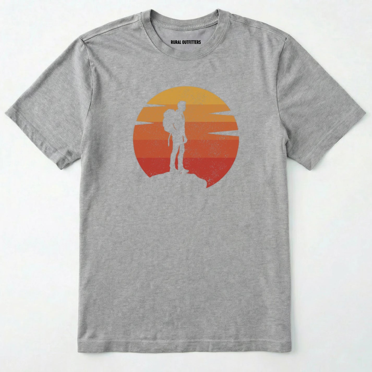 Sport Grey retro sunset t-shirt with hiker silhouette on a white background.