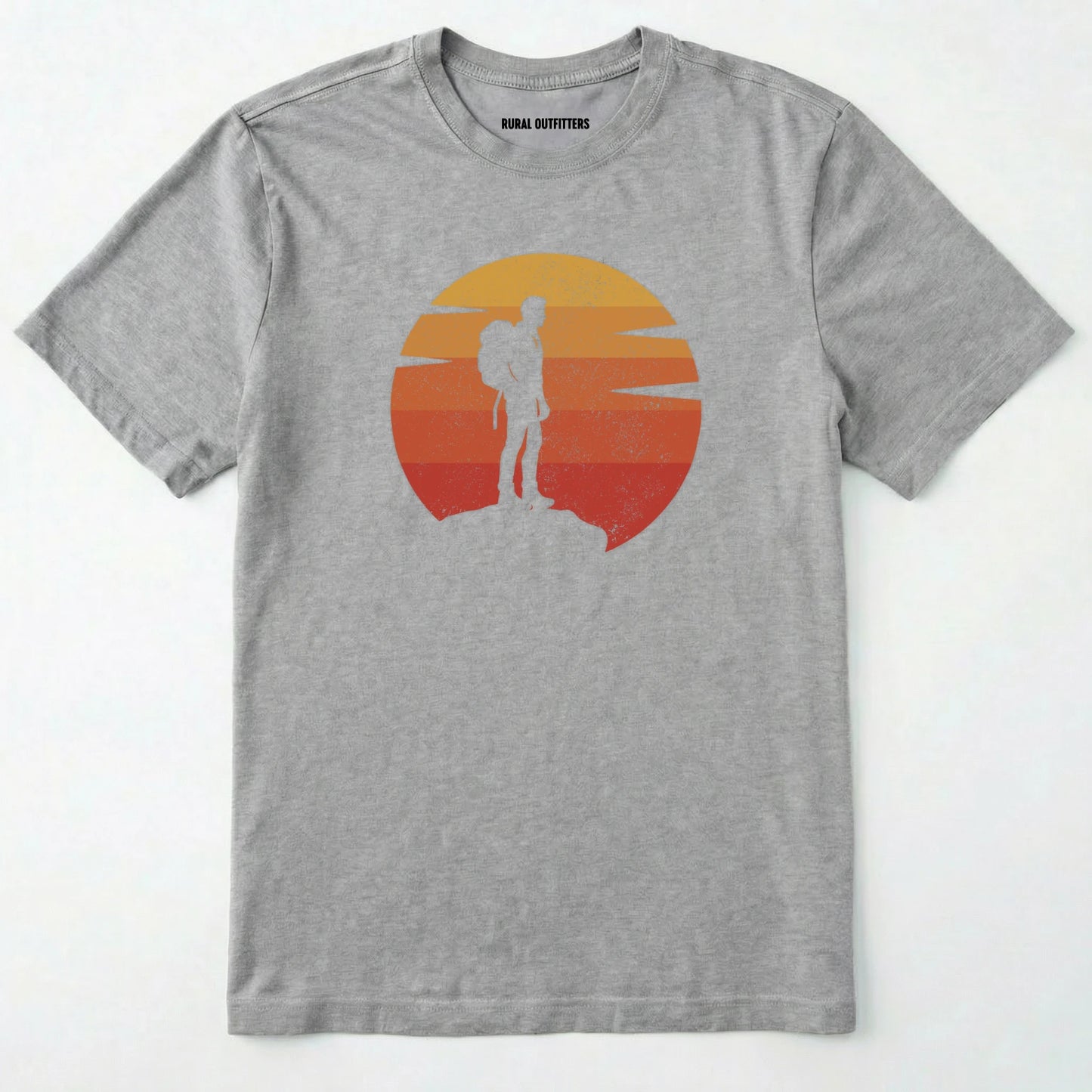 Sport Grey retro sunset t-shirt with hiker silhouette on a white background.