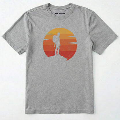 Sport Grey retro sunset t-shirt with hiker silhouette on a white background.