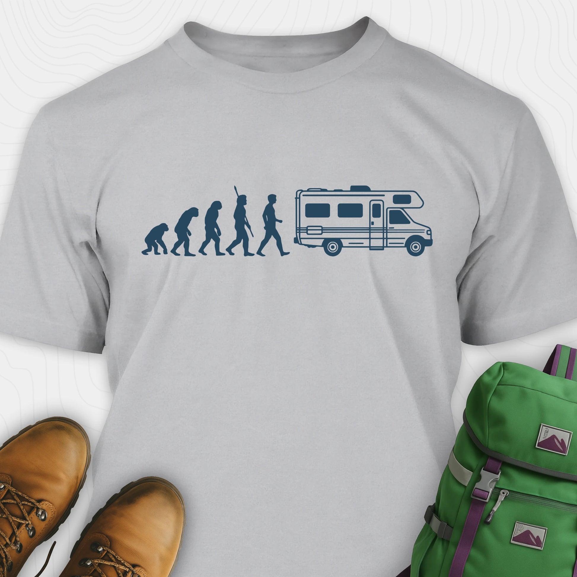 Grey evolution shirt featuring human to rv silhouette graphic