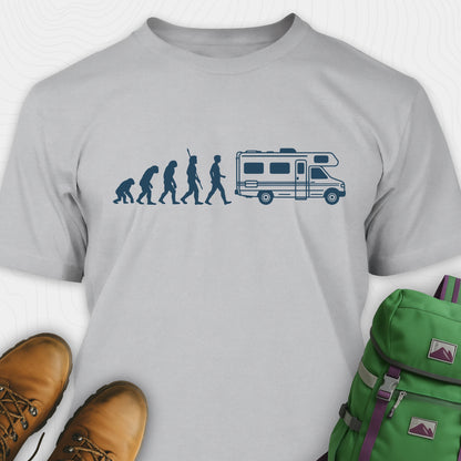 Grey evolution shirt featuring human to rv silhouette graphic