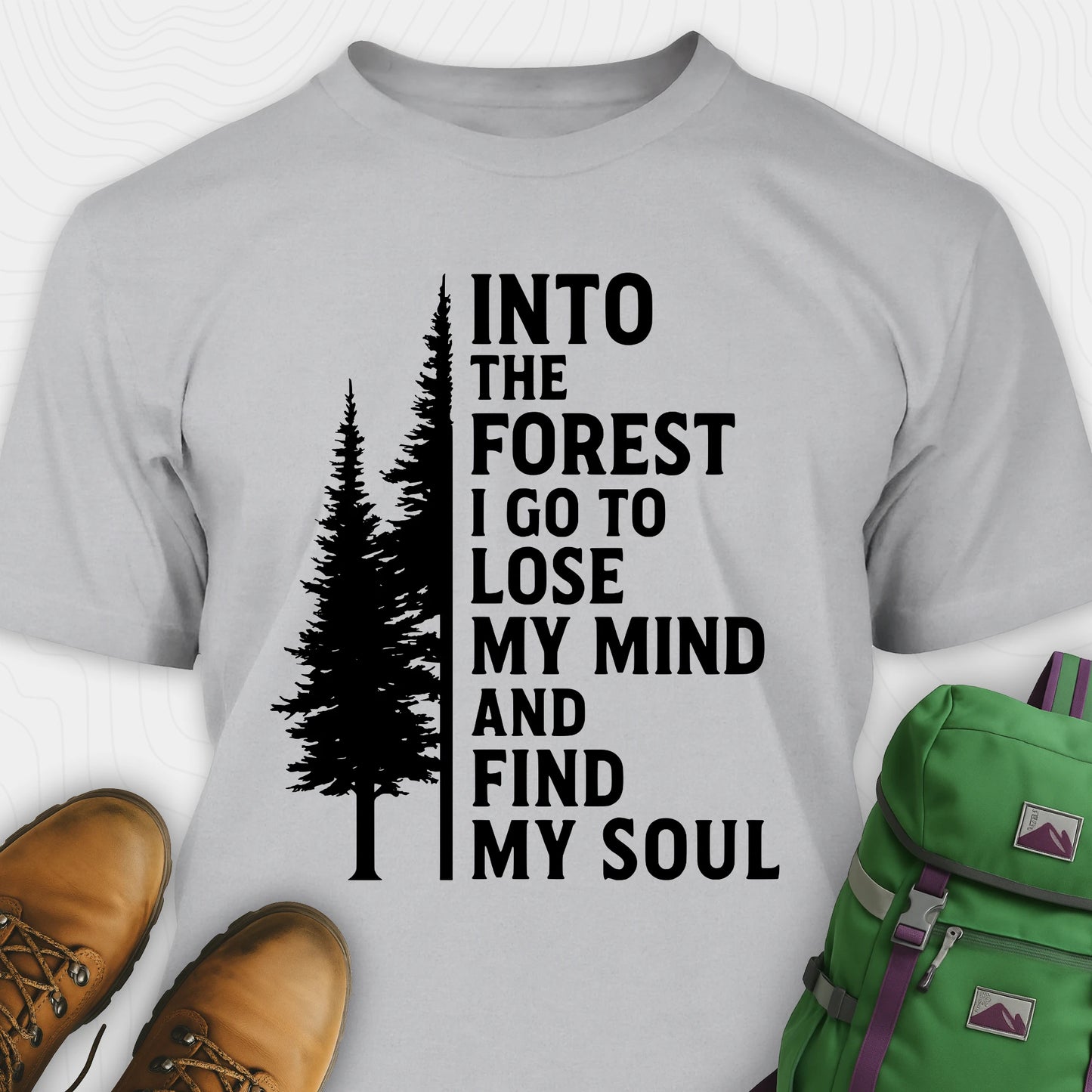 Grey into the forest I go t-shirt with white forest graphic and tall trees design