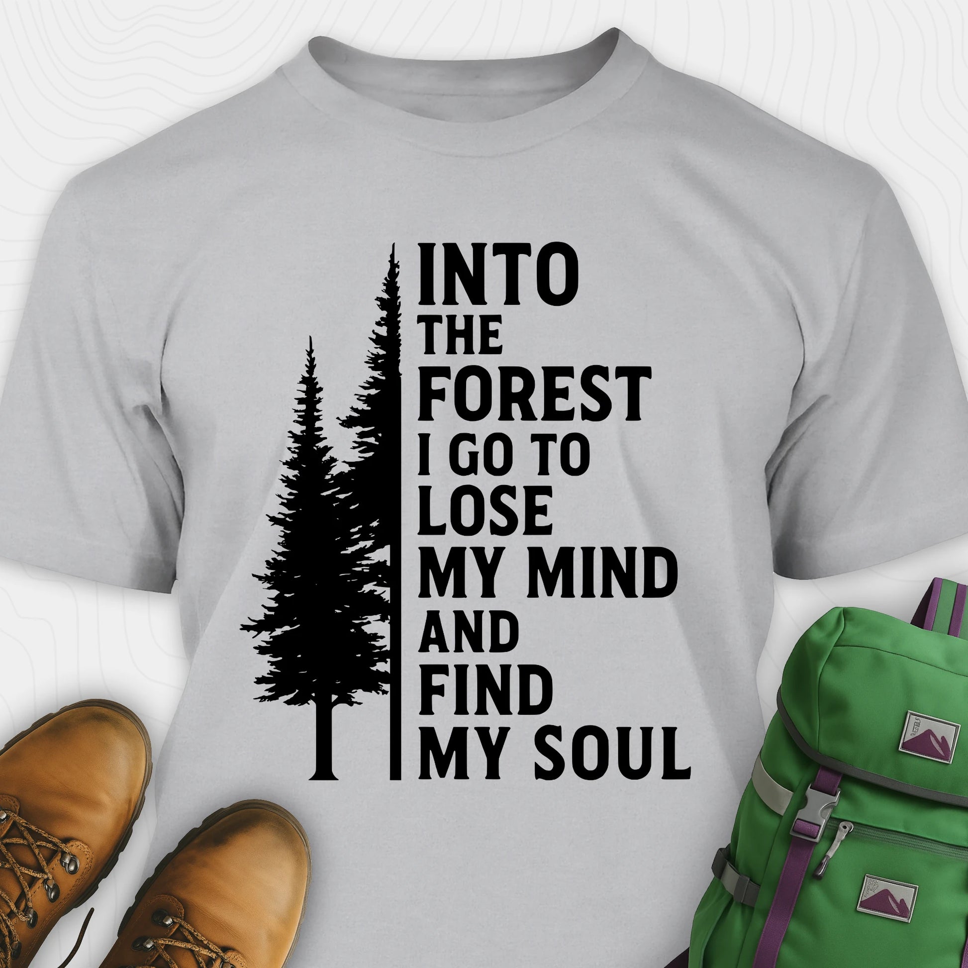 Grey into the forest I go t-shirt with white forest graphic and tall trees design