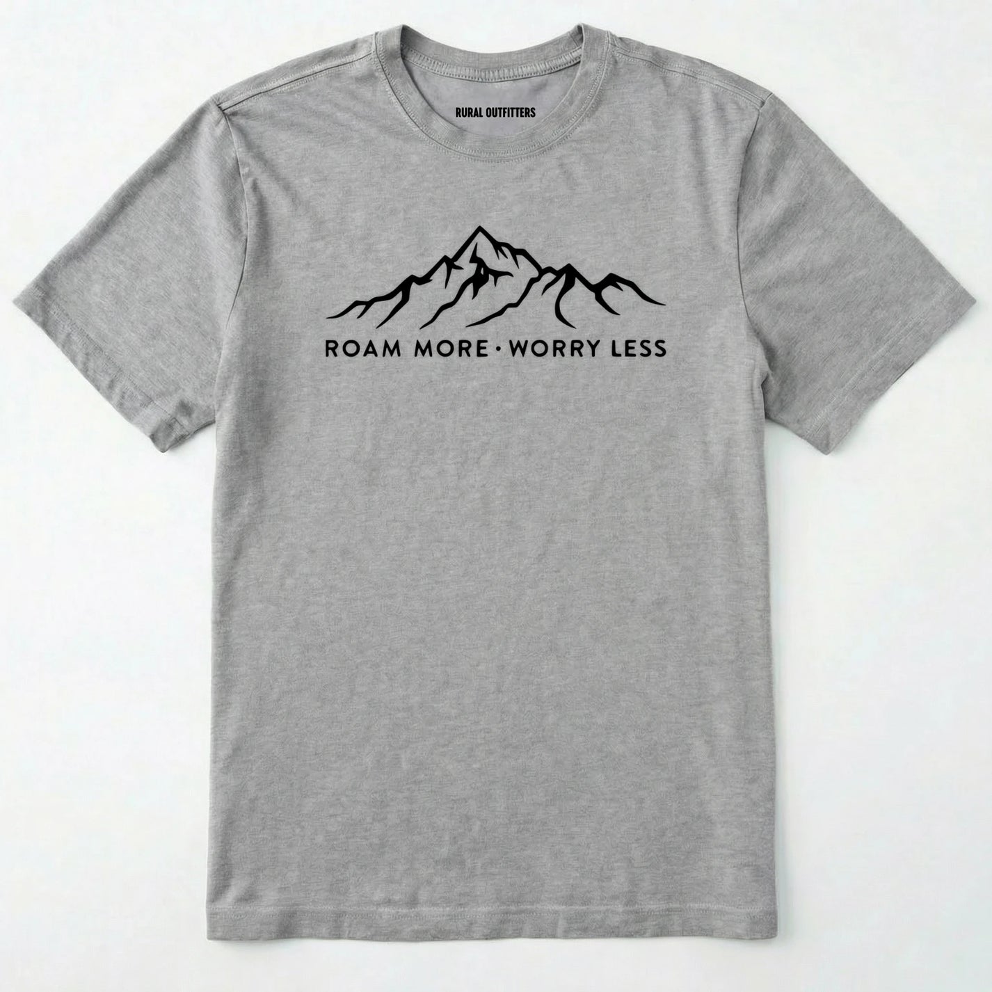 Sport Grey rocky mountain shirt with a white mountain graphic and text 'roam more worry less' on a white background