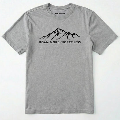 Sport Grey rocky mountain shirt with a white mountain graphic and text 'roam more worry less' on a white background