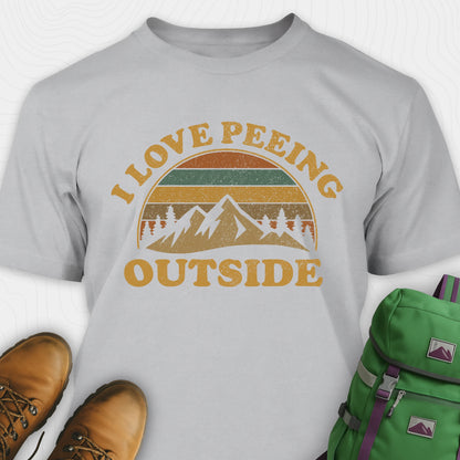 Gray I pee outside shirt with retro mountain graphic